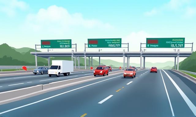 Highway with electronic toll collection gantries and traffic flow