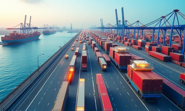 Aerial view of a busy port with container ships and trucks