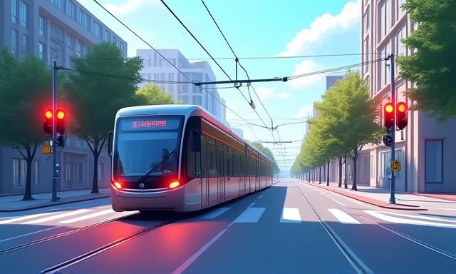 Modern tram moving through a city integrated with traffic signals